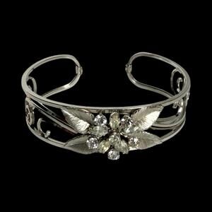 Vintage Silver Tone Rhinestone Flower Cuff Bracelet Openwork Scroll Design